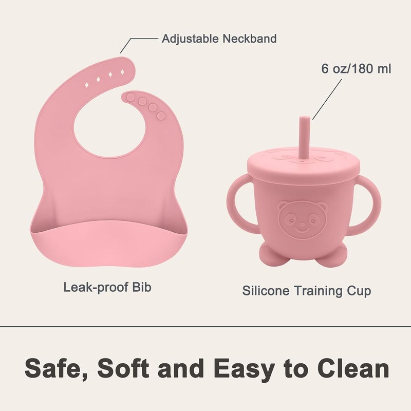 Munlinder Silicone Baby Feeding Set | Baby Led Weaning Supplies Includes Suction Bowls and Divided Plates, Adjustable Bib, Baby Utensils Spoons and Forks,Cup | Baby Feeding Essentials (Pink) - Image 5